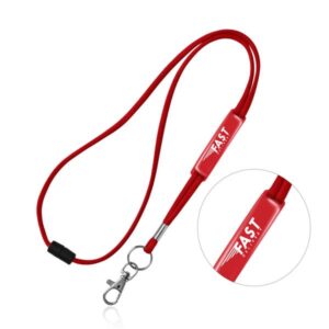 Ribbon Lanyard tubular em poliéster com ajuste em PVC, fecho de segurança e mosquetão