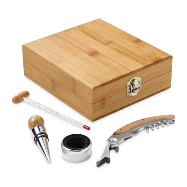 CABERNET. Conjunto para vinho em bambu, zinco e aço inoxidável