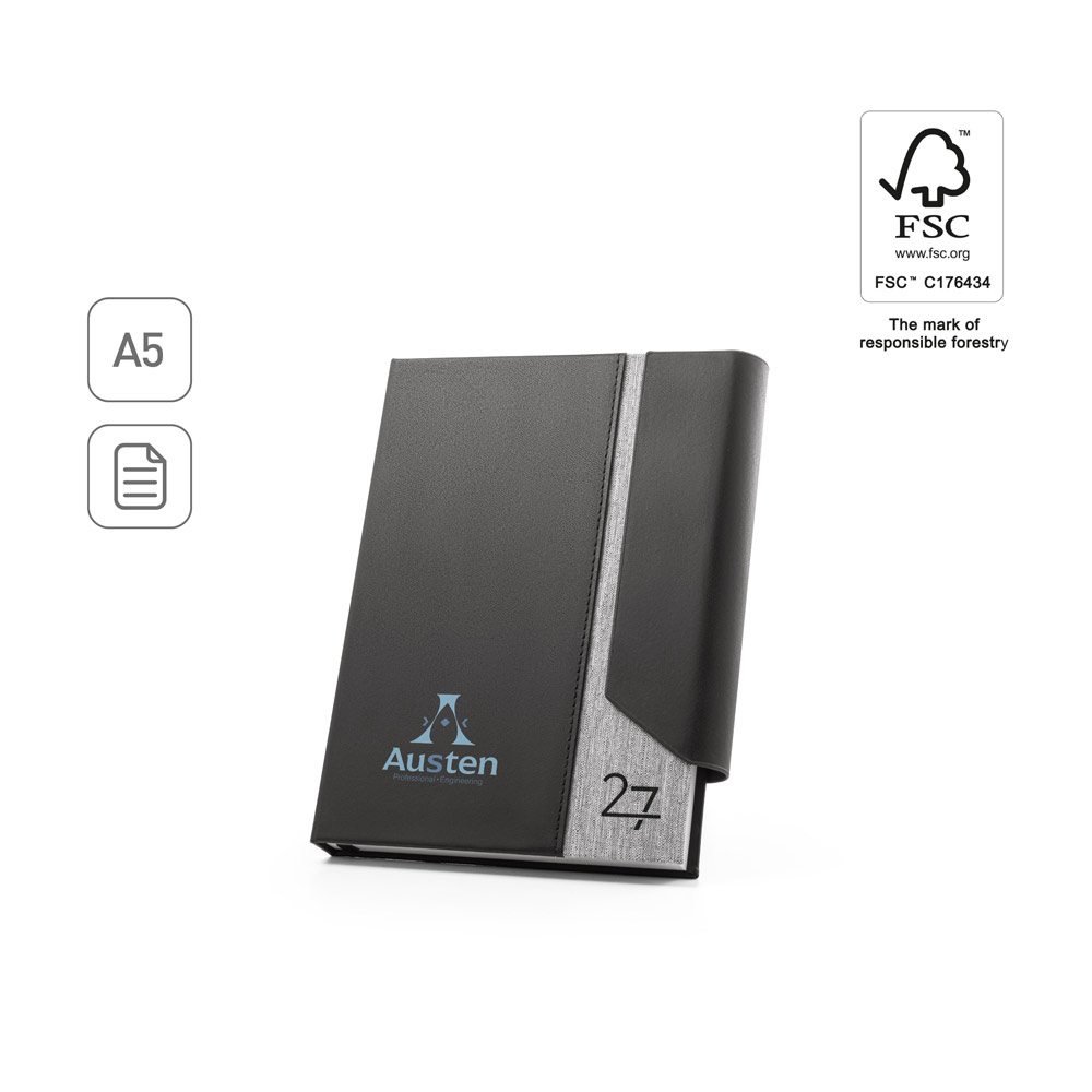 AUSTEN A5. Agenda A5 em PU (58% reciclado) e poliéster reciclado (100% rPET) 300D